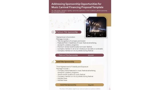 Addressing Sponsorship Opportunities Music Carnival Financing Template One Pager Sample Example Document