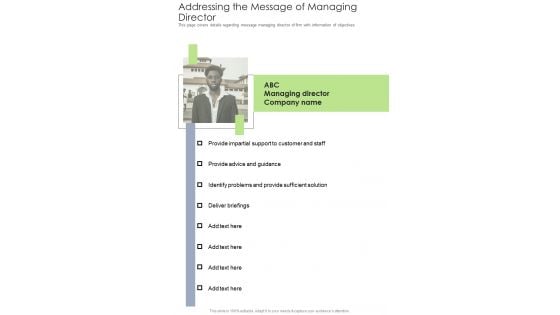 Addressing The Message Of Managing Director One Pager Documents