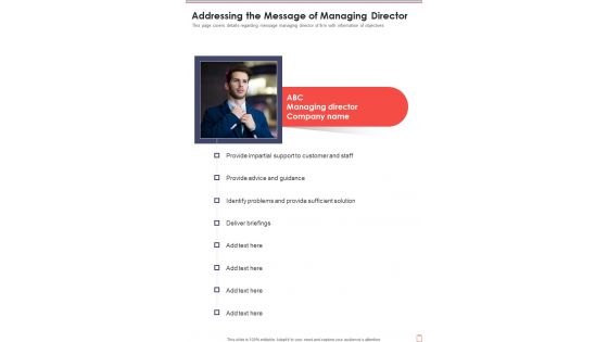 Addressing The Message Of Managing Director Template 289 One Pager Documents