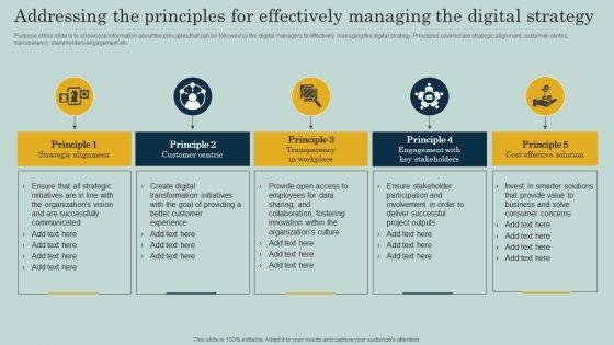 Addressing The Principles For Effectively Managing The Digital Strategy Ppt File Show PDF