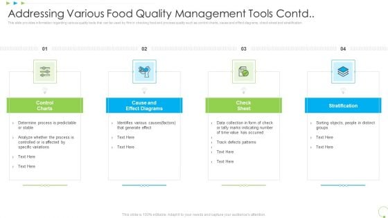 Addressing Various Food Quality Management Tools Contd Uplift Food Production Company Quality Standards Mockup PDF