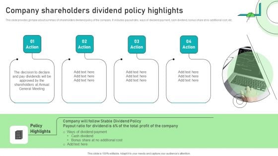 Adjusting Financial Strategies And Planning Company Shareholders Dividend Policy Highlights Pictures PDF