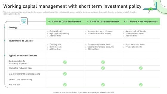 Adjusting Financial Strategies And Planning Working Capital Management With Short Term Investment Policy Portrait PDF