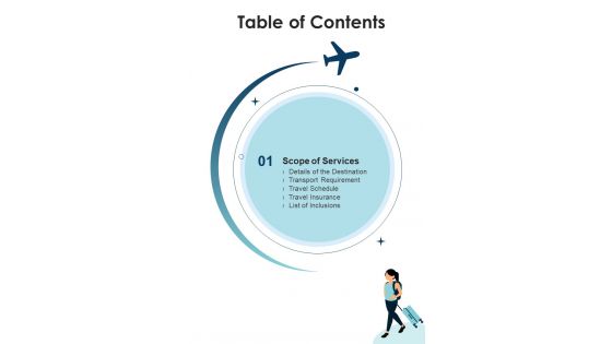 Administrating Business Tour And Travel Service Proposal Table Of Contents One Pager Sample Example Document