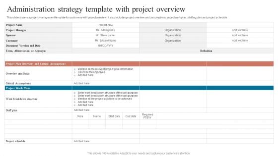 Administration Strategy Template With Project Overview Sample PDF