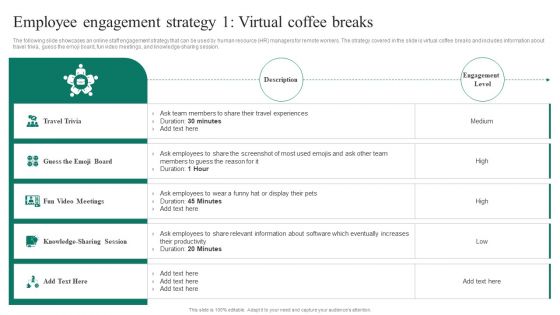 Adopting Flexible Work Policy Employee Engagement Strategy 1 Virtual Coffee Breaks Portrait PDF