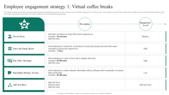 Adopting Flexible Work Policy Employee Engagement Strategy 1 Virtual Coffee Breaks Portrait PDF