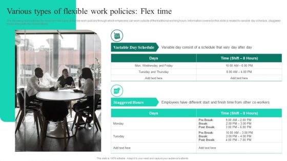 Adopting Flexible Work Policy Various Types Of Flexible Work Policies Flex Time Icons PDF