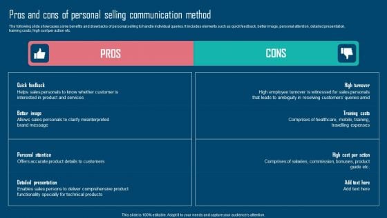 Adopting IMC Technique To Boost Brand Recognition Pros And Cons Of Personal Selling Communication Clipart PDF