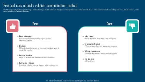 Adopting IMC Technique To Boost Brand Recognition Pros And Cons Of Public Relation Communication Formats PDF