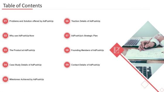 Adpushup Seed Funding Table Of Contents Ppt Icon Graphic Tips PDF