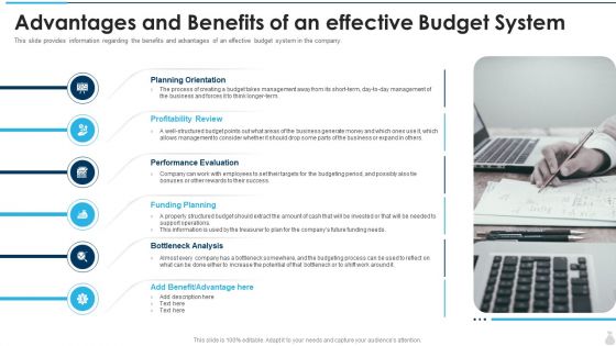 Advantages And Benefits Of An Effective Budget System Mockup PDF