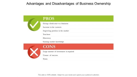 Advantages And Disadvantages Of Business Ownership Ppt PowerPoint Presentation Outline Shapes