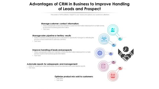 Advantages Of CRM In Business To Improve Handling Of Leads And Prospect Ppt PowerPoint Presentation Gallery Ideas PDF Advantages Of CRM In Business To Improve Handling Of Leads And Prospect Ppt PowerPoint Presentation Gallery Ideas PDF