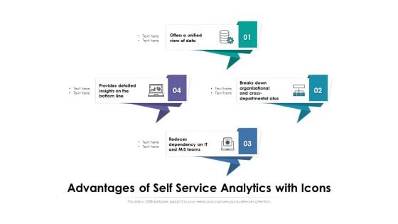 Advantages Of Self Service Analytics With Icons Ppt PowerPoint Presentation File Background Designs PDF