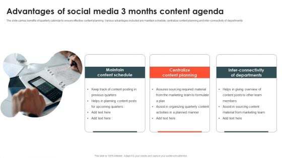 Advantages Of Social Media 3 Months Content Agenda Clipart PDF