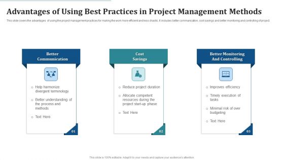 Advantages Of Using Best Practices In Project Management Methods Icons PDF