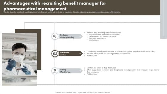 Advantages With Recruiting Benefit Manager For Pharmaceutical Management Infographics PDF