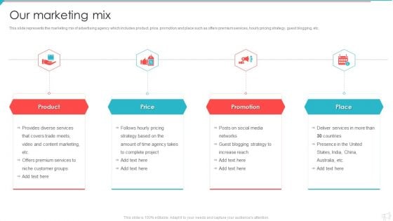Advertisement And Marketing Agency Company Profile Our Marketing Mix Designs PDF