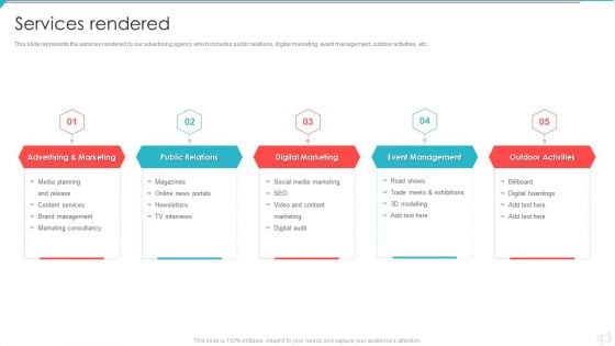 Advertisement And Marketing Agency Company Profile Services Rendered Elements PDF Advertisement And Marketing Agency Company Profile Services Rendered Elements PDF