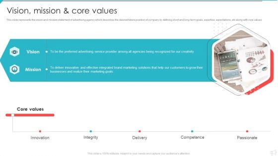 Advertisement And Marketing Agency Company Profile Vision Mission And Core Values Formats PDF