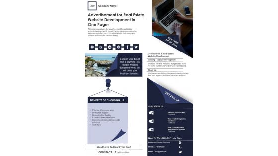 Advertisement For Real Estate Website Development In One Pager PDF Document PPT Template