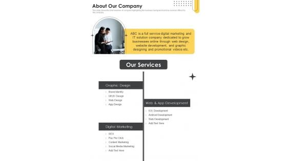 Advertising And Marketing Job Profile Proposal About Our Company One Pager Sample Example Document