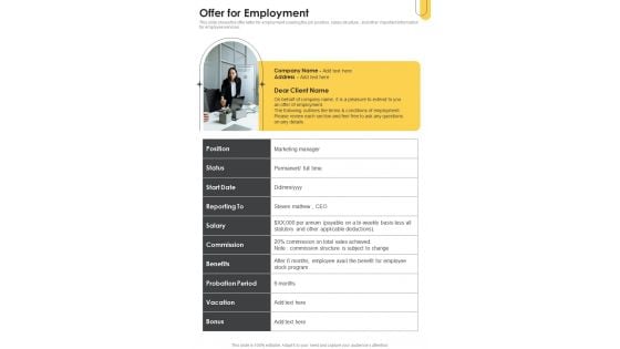 Advertising And Marketing Job Profile Proposal Offer For Employment One Pager Sample Example Document