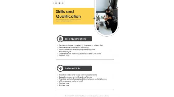 Advertising And Marketing Job Profile Proposal Skills And Qualification One Pager Sample Example Document Advertising And Marketing Job Profile Proposal Skills And Qualification One Pager Sample Example Document