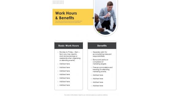 Advertising And Marketing Job Profile Proposal Work Hours And Benefits One Pager Sample Example Document
