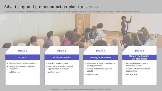 Advertising And Promotion Action Plan For Services Designs PDF