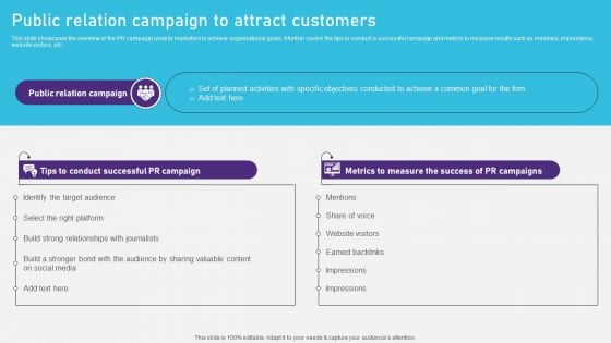 Advertising Campaign Optimization Process Public Relation Campaign To Attract Customers Elements PDF