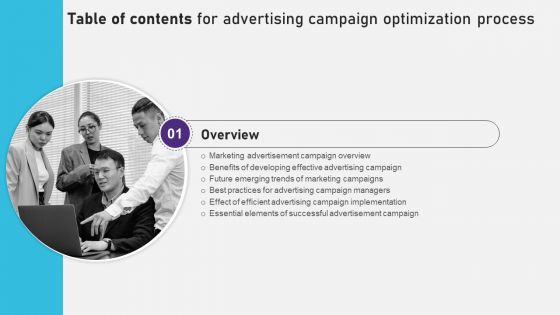 Advertising Campaign Optimization Process Table Of Contents Professional PDF