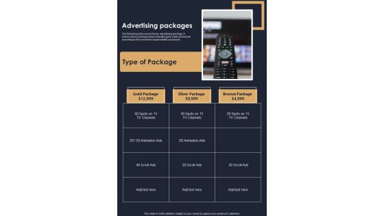 Advertising Packages Television Marketing Campaign Proposal One Pager Sample Example Document