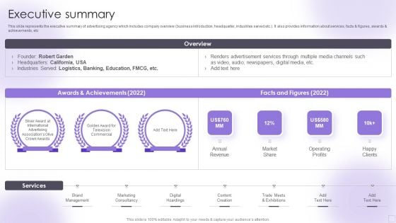 Advertising Services Company Profile Executive Summary Diagrams PDF