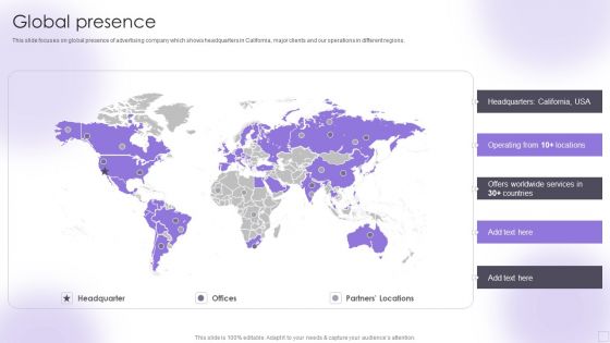 Advertising Services Company Profile Global Presence Icons PDF