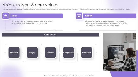 Advertising Services Company Profile Vision Mission And Core Values Introduction PDF