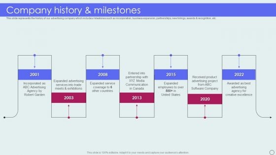Advertising Solutions Company Details Company History And Milestones Diagrams PDF Advertising Solutions Company Details Company History And Milestones Diagrams PDF