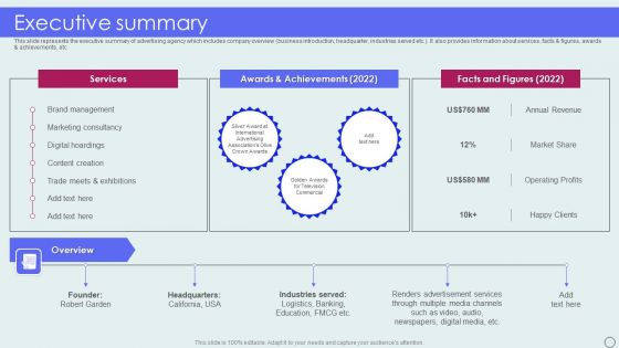 Advertising Solutions Company Details Executive Summary Ppt Infographics Infographic Template PDF