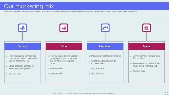 Advertising Solutions Company Details Our Marketing Mix Ppt PowerPoint Presentation Gallery Brochure PDF Advertising Solutions Company Details Our Marketing Mix Ppt PowerPoint Presentation Gallery Brochure PDF