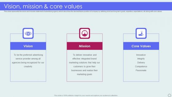 Advertising Solutions Company Details Vision Mission And Core Values Guidelines PDF