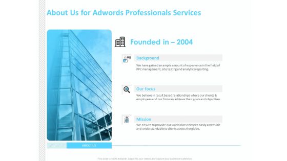 Adwords PPC About Us For Adwords Professionals Services Ppt Slides Graphics Example PDF