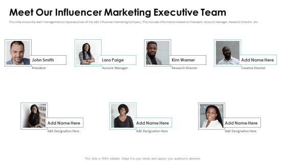 Affiliate Marketing Pitch Deck Meet Our Influencer Marketing Executive Team Brochure PDF