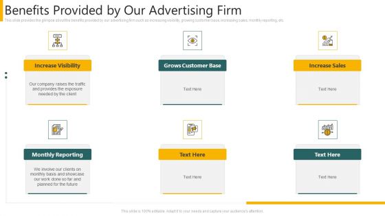 Agency Pitch Deck PPT Benefits Provided By Our Advertising Firm Mockup PDF