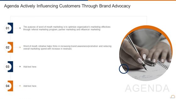 Agenda Actively Influencing Customers Through Brand Advocacy Pictures PDF