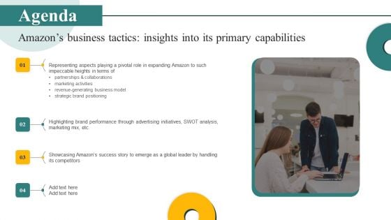 Agenda Amazons Business Tactics Insights Into Its Primary Capabilities Ppt Icon Graphic Tips PDF