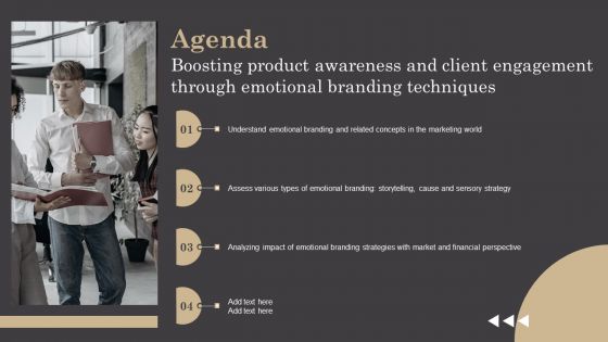 Agenda Boosting Product Awareness And Client Engagement Through Emotional Branding Techniques Inspiration PDF