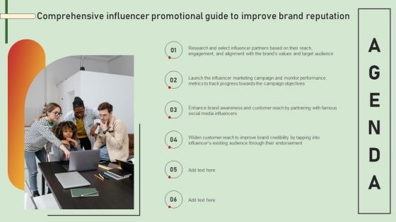 Agenda Comprehensive Influencer Promotional Guide To Improve Brand Reputation Slides PDF