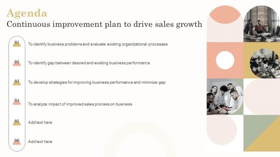 Agenda Continuous Improvement Plan To Drive Sales Growth Template PDF