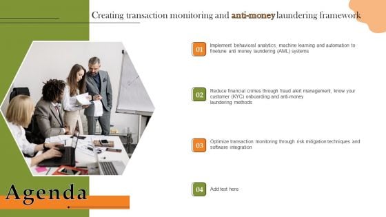 Agenda Creating Transaction Monitoring And Anti Money Laundering Framework Icons PDF